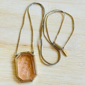 Victorian Style Necklace VTG 1928 Pink Flower Carved Glass Gold Tone 70s 25"